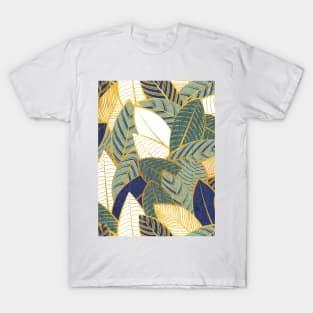 Leaf wall // pattern // navy blue pine and sage green leaves golden lines T-Shirt